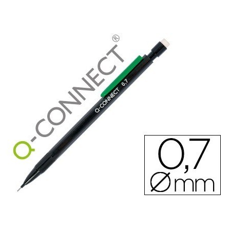 PORTAMINAS Q-CONNECT 0.7 MM CON 3 MINAS CUERPO NEGRO CON CLIP VERDE