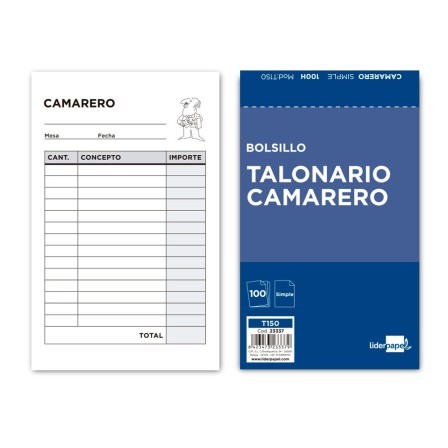 TALONARIO LIDERPAPEL CAMARERO BOLSILLO ORIGINAL T150