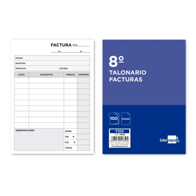 TALONARIO LIDERPAPEL FACTURAS 8º ORIGINAL T100 CON I.V.A.