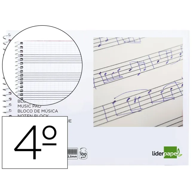 BLOC MUSICA LIDERPAPEL PENTAGRAMA PAUTADO 2,5MM CUARTO 20 HOJAS 100...