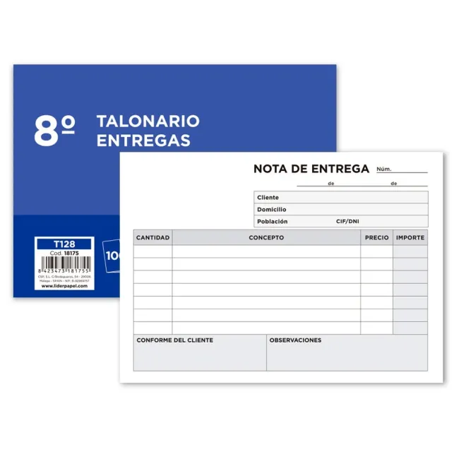 TALONARIO LIDERPAPEL ENTREGAS 8º ORIGINAL T128 APAISADO