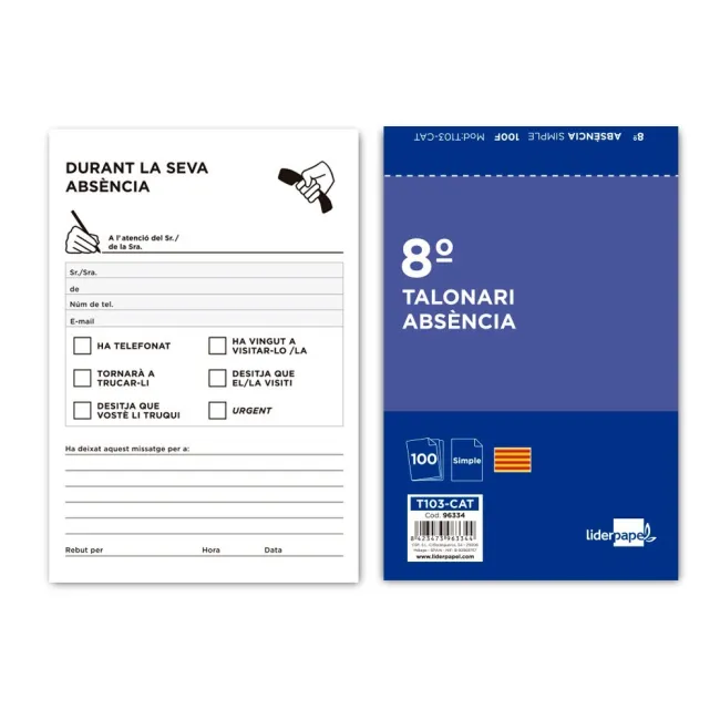 TALONARIO LIDERPAPEL AUSENTES 8º ORIGINAL T103 TEXTO EN CATALAN