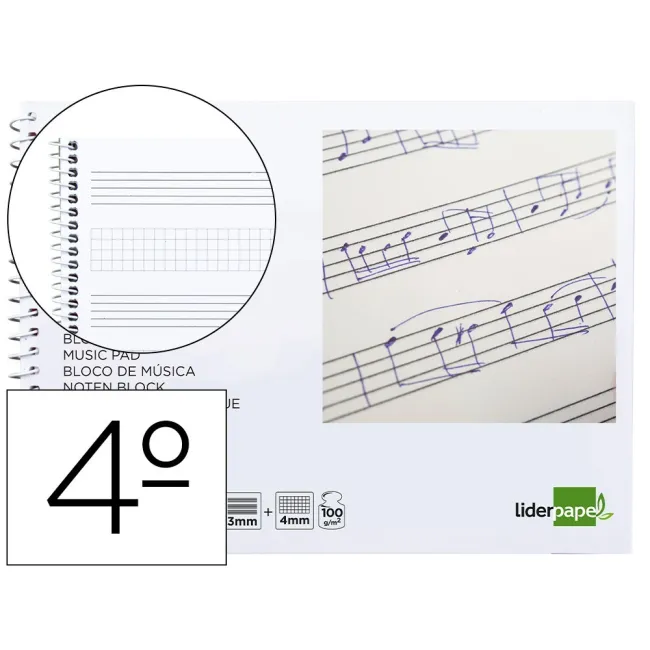 BLOC MUSICA LIDERPAPEL PENTAGRAMA 3MM MAS CUADRICULA DE 4MM PARA AN...