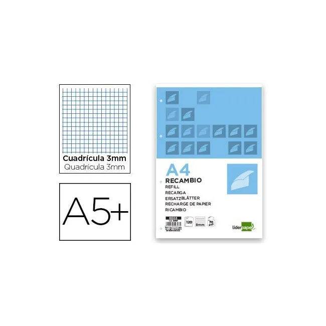 RECAMBIO LIDERPAPEL CUARTO 100 HOJAS 60G/M2 CUADRO 3MM CON MARGEN 6...