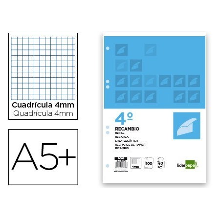 RECAMBIO LIDERPAPEL CUARTO 100 HOJAS 60G/M2 CUADRO 4MM CON MARGEN 6...