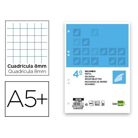 RECAMBIO LIDERPAPEL CUARTO 100 HOJAS 60G/M2 CUADRO 8MM CON MARGEN 6...