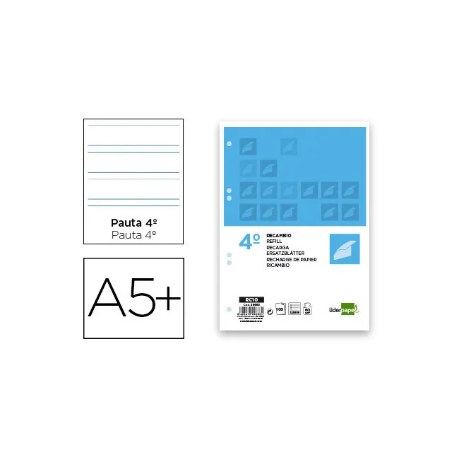 RECAMBIO LIDERPAPEL CUARTO 100 HOJAS 60G/M2 PAUTA 4ª 3.5MM CON MARG...
