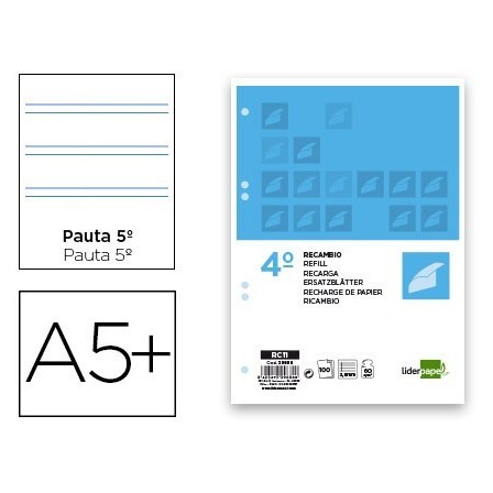 RECAMBIO LIDERPAPEL CUARTO 100 HOJAS 60G/M2 PAUTA 5ª 2.5MM CON MARG...