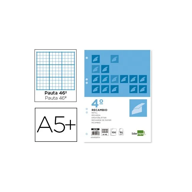 RECAMBIO LIDERPAPEL CUARTO 100 HOJAS 60G/M2 RAYADO Nº 46 6 TALADROS