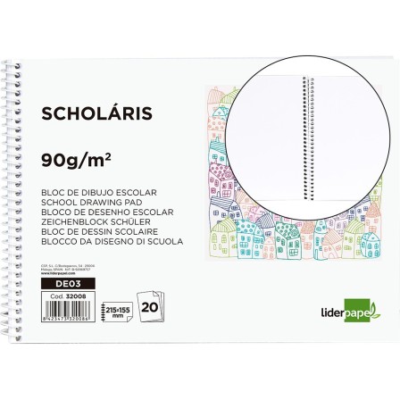 BLOC DIBUJO LIDERPAPEL ESCOLAR ESPIRAL 155X215MM 20 HOJAS 90G/M2 SI...