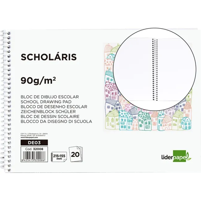 BLOC DIBUJO LIDERPAPEL ESCOLAR ESPIRAL 155X215MM 20 HOJAS 90G/M2 SI...