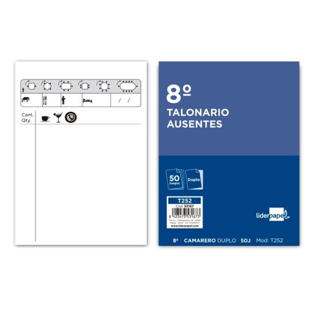 TALONARIO LIDERPAPEL CAMARERO 8º ORIGINAL Y COPIA T252 ZIG ZAG