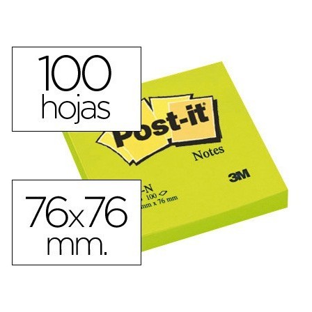 BLOC DE NOTAS ADHESIVAS QUITA Y PON POST-IT 76X76 MM VERDE NEON CON...