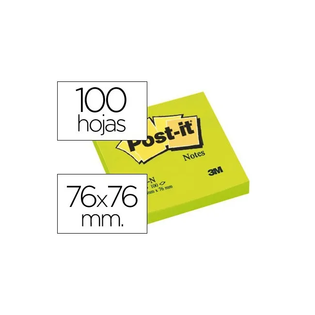 BLOC DE NOTAS ADHESIVAS QUITA Y PON POST-IT 76X76 MM VERDE NEON CON...