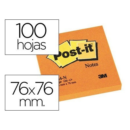 BLOC DE NOTAS ADHESIVAS QUITA Y PON POST-IT 76X76 MM NARANJANEON CO...