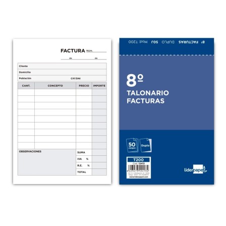 TALONARIO LIDERPAPEL FACTURAS 8º ORIGINAL Y COPIA T200 CON I.V.A