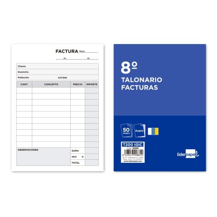 TALONARIO LIDERPAPEL FACTURAS 8º ORIGINAL Y COPIA T200 CON I.G.I.C