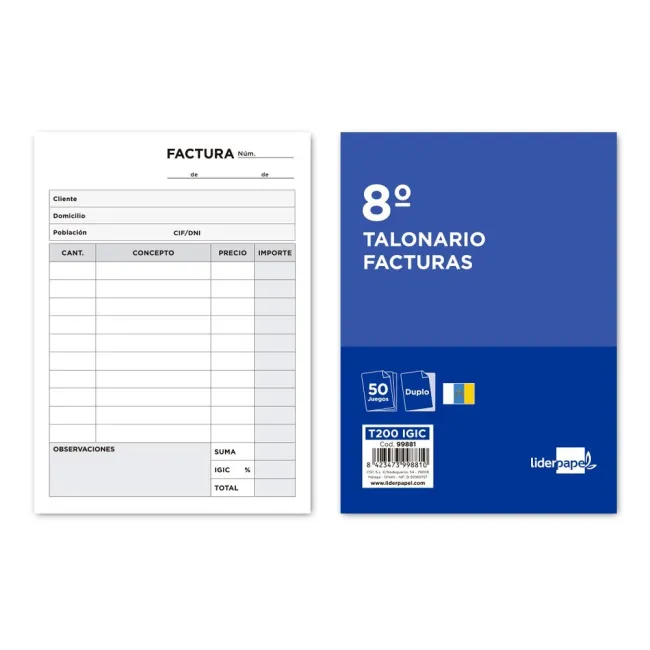 TALONARIO LIDERPAPEL FACTURAS 8º ORIGINAL Y COPIA T200 CON I.G.I.C