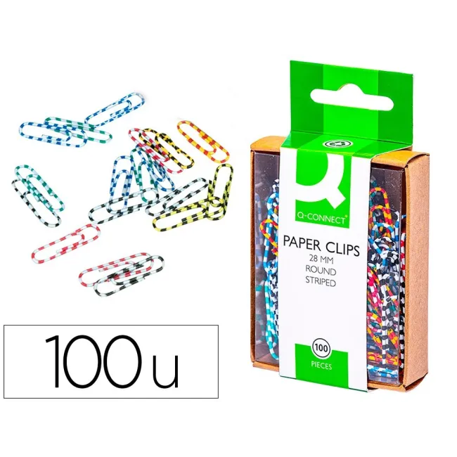 CLIPS COLORES RAYADOS Q-CONNECT -28 MM -CAJA DE 100 UNIDADES COLORE...