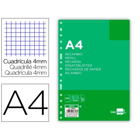 RECAMBIO LIDERPAPEL FOLIO 100 HOJAS 60G/M2 CUADRO 4MM CON MARGEN 16...