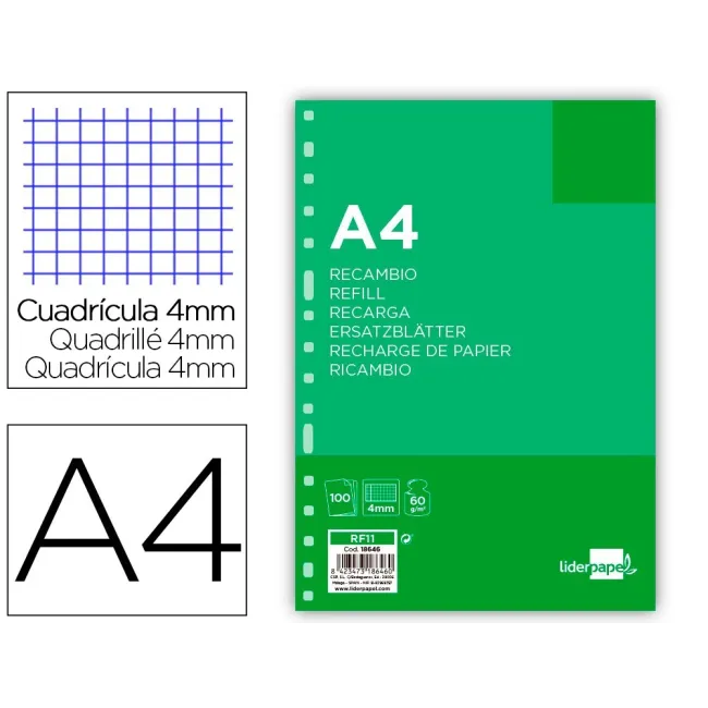 RECAMBIO LIDERPAPEL FOLIO 100 HOJAS 60G/M2 CUADRO 4MM CON MARGEN 16...