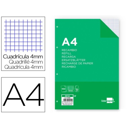 RECAMBIO LIDERPAPEL FOLIO 100 HOJAS 60G/M2CUADRO 4MM CON MARGEN 4 T...