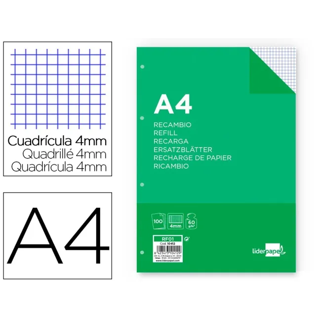 RECAMBIO LIDERPAPEL FOLIO 100 HOJAS 60G/M2CUADRO 4MM CON MARGEN 4 T...