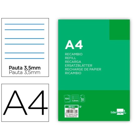 RECAMBIO LIDERPAPEL FOLIO 100 HOJAS 60G/M2PAUTA 4ª 3.5MM CON MARGEN...