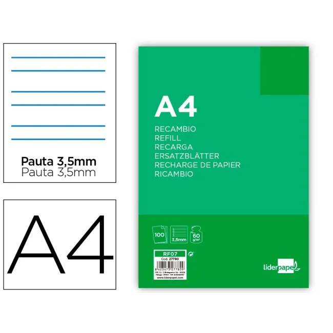 RECAMBIO LIDERPAPEL FOLIO 100 HOJAS 60G/M2PAUTA 4ª 3.5MM CON MARGEN...