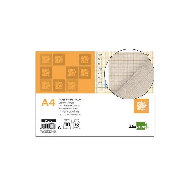 PAPEL DIBUJO LIDERPAPEL 210X297MM 80G/M2 MILIMETRADO PACK DE 10