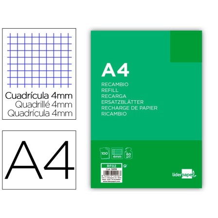 RECAMBIO LIDERPAPEL FOLIO 100 HOJAS 60G/M2CUADRO 4MM CON MARGEN SIN...