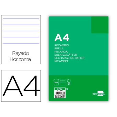 RECAMBIO LIDERPAPEL FOLIO 100 HOJAS 60G/M2HORIZONTAL CON MARGEN 4 T...