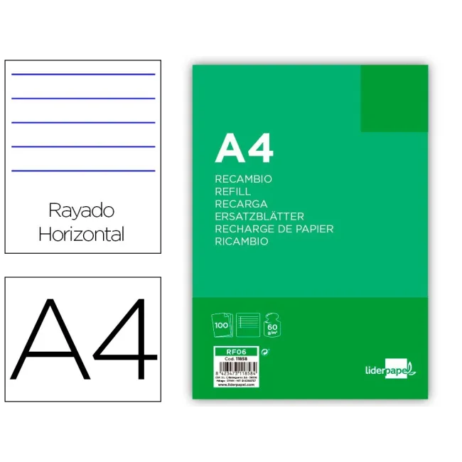 RECAMBIO LIDERPAPEL FOLIO 100 HOJAS 60G/M2HORIZONTAL CON MARGEN 4 T...