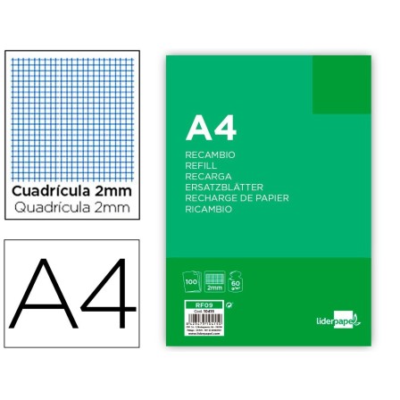 RECAMBIO LIDERPAPEL FOLIO 100 HOJAS 60G/M2MILIMETRADO SIN MARGEN 4 ...