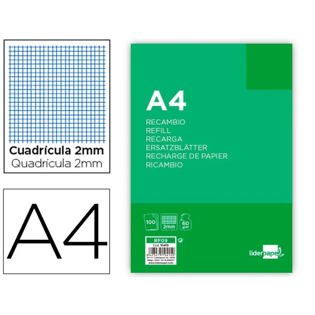 RECAMBIO LIDERPAPEL FOLIO 100 HOJAS 60G/M2MILIMETRADO SIN MARGEN 4 ...