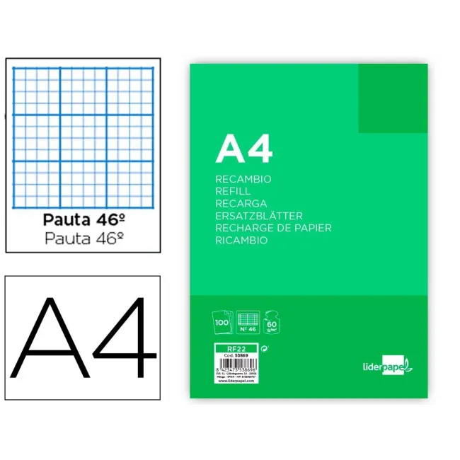 RECAMBIO LIDERPAPEL FOLIO 100 HOJAS 60G/M2RAYADO Nº46 4 TALADROS