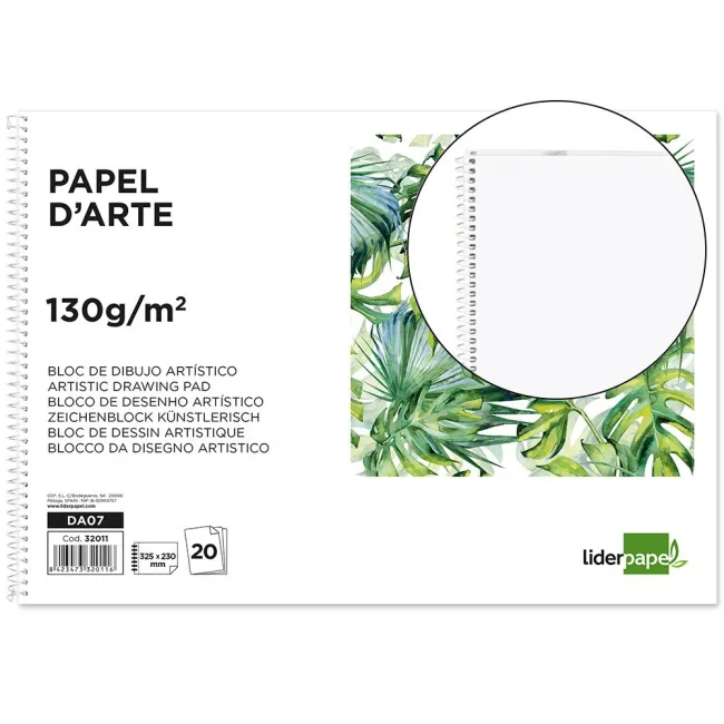 BLOC DIBUJO LIDERPAPEL ARTISTICO ESPIRAL 230X325MM 20 HOJAS 130G/M2...