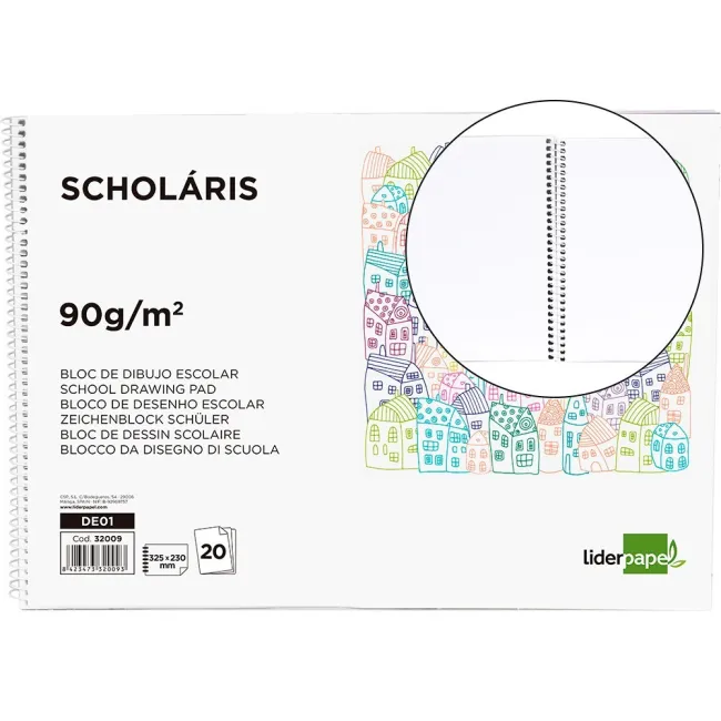 BLOC DIBUJO LIDERPAPEL ESCOLAR ESPIRAL 230X325MM 20 HOJAS 90G M2 SI...