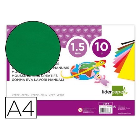 GOMA EVA LIDERPAPEL DIN A4 60G/M2 ESPESOR 1,5MM VERDE PAQUETE DE 10...