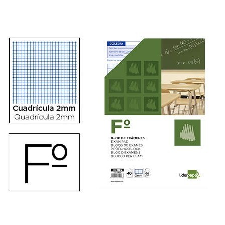 BLOC EXAMENES LIDERPAPEL CUADRO 2MM FOLIO 40 HOJAS 60G/M2