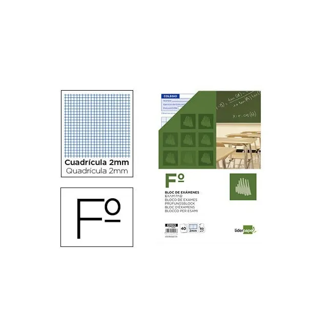 BLOC EXAMENES LIDERPAPEL CUADRO 2MM FOLIO 40 HOJAS 60G/M2