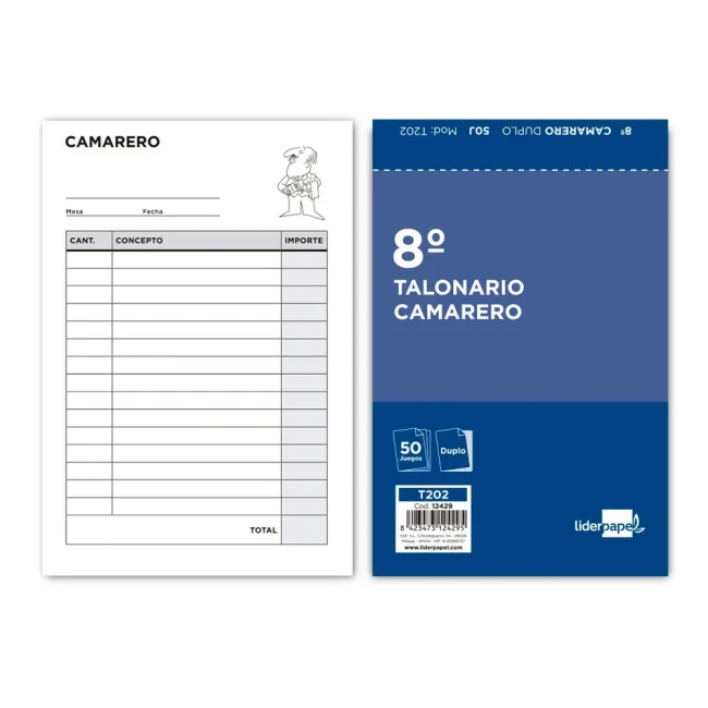 TALONARIO LIDERPAPEL CAMARERO 8º ORIGINAL Y COPIA T202
