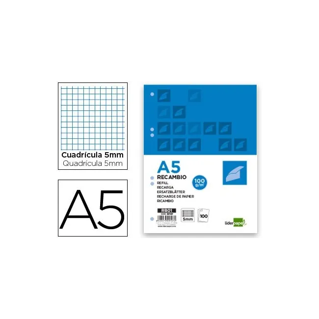 RECAMBIO LIDERPAPEL A5 100 HOJAS 100G/M2 CUADRO 5MM CON MARGEN 6 TA...