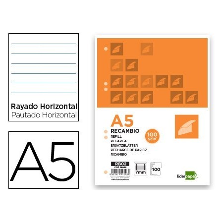 RECAMBIO LIDERPAPEL A5 100 HOJAS 100G/M2 HORIZONTAL CON MARGEN 6 TA...