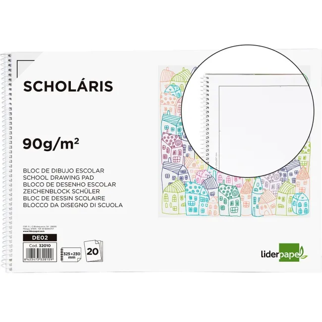 BLOC DIBUJO LIDERPAPEL ESCOLAR ESPIRAL 230X325MM 20 HOJAS 90G M2 CO...