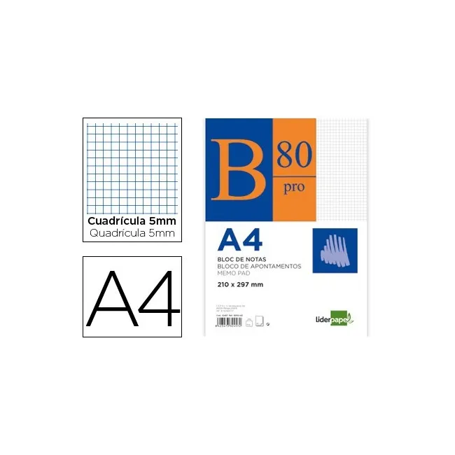 BLOC NOTAS LIDERPAPEL CUADRO 5MM A4 80 HOJAS 60G/M2 ENCOLADO