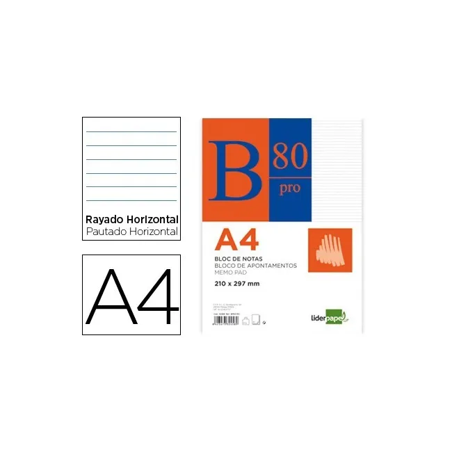 BLOC NOTAS LIDERPAPEL HORIZONTAL A4 80 HOJAS 60G/M2 ENCOLADO
