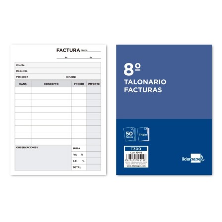 TALONARIO LIDERPAPEL FACTURAS 8º ORIGINAL Y 2 COPIAS T300 CON I.V.A.