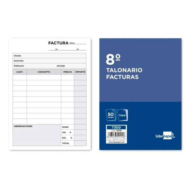 TALONARIO LIDERPAPEL FACTURAS 8º ORIGINAL Y 2 COPIAS T300 CON I.V.A.