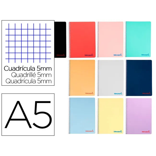 CUADERNO ESPIRAL LIDERPAPEL A5 WONDER TAPA PLASTICO 80H 90GR CUADRO...